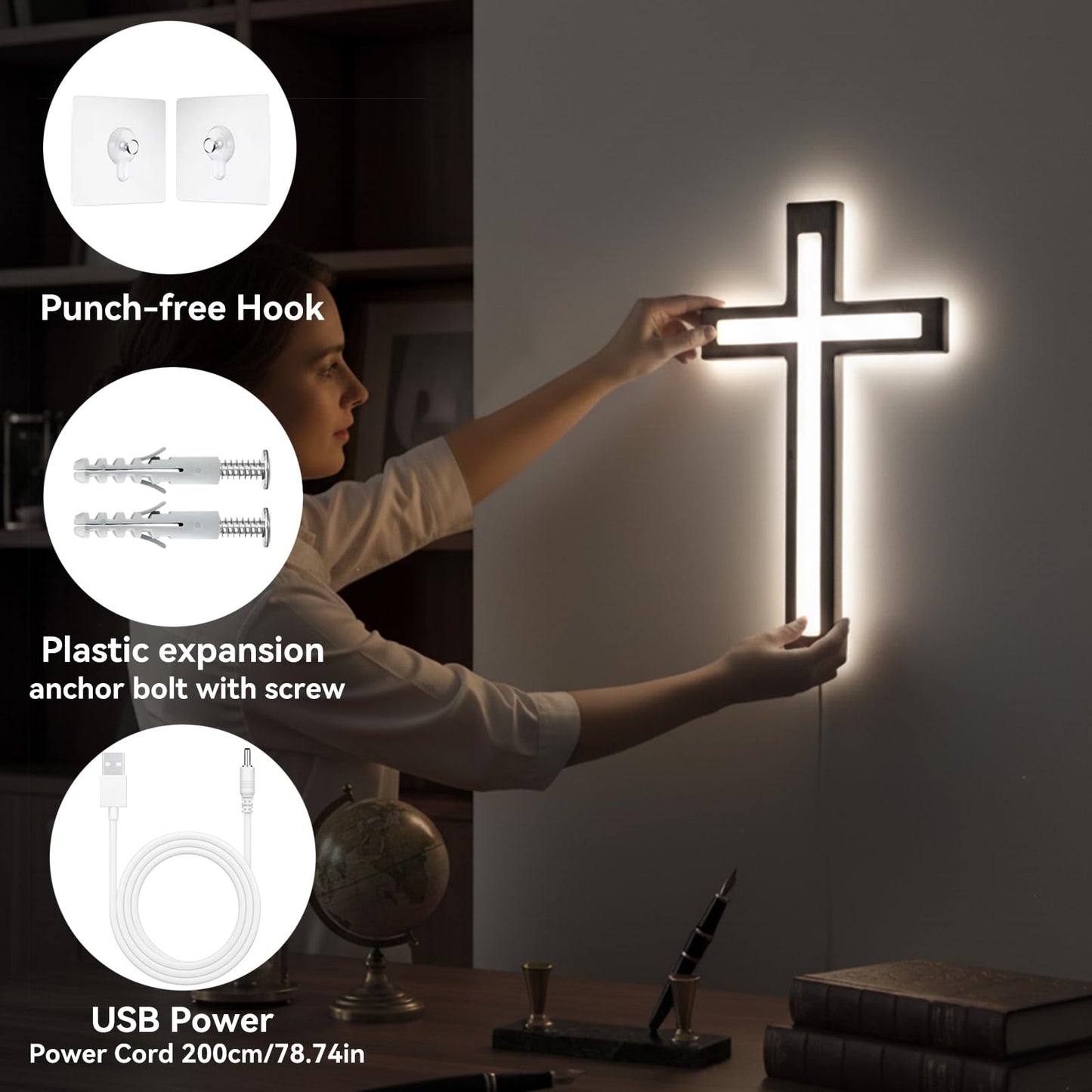 MoSavris Crucifix Wall Cross, Handmade Wood Cross with LED Light, Wall Decor for Faith and Blessing, Christian Gifts, 13 Inch