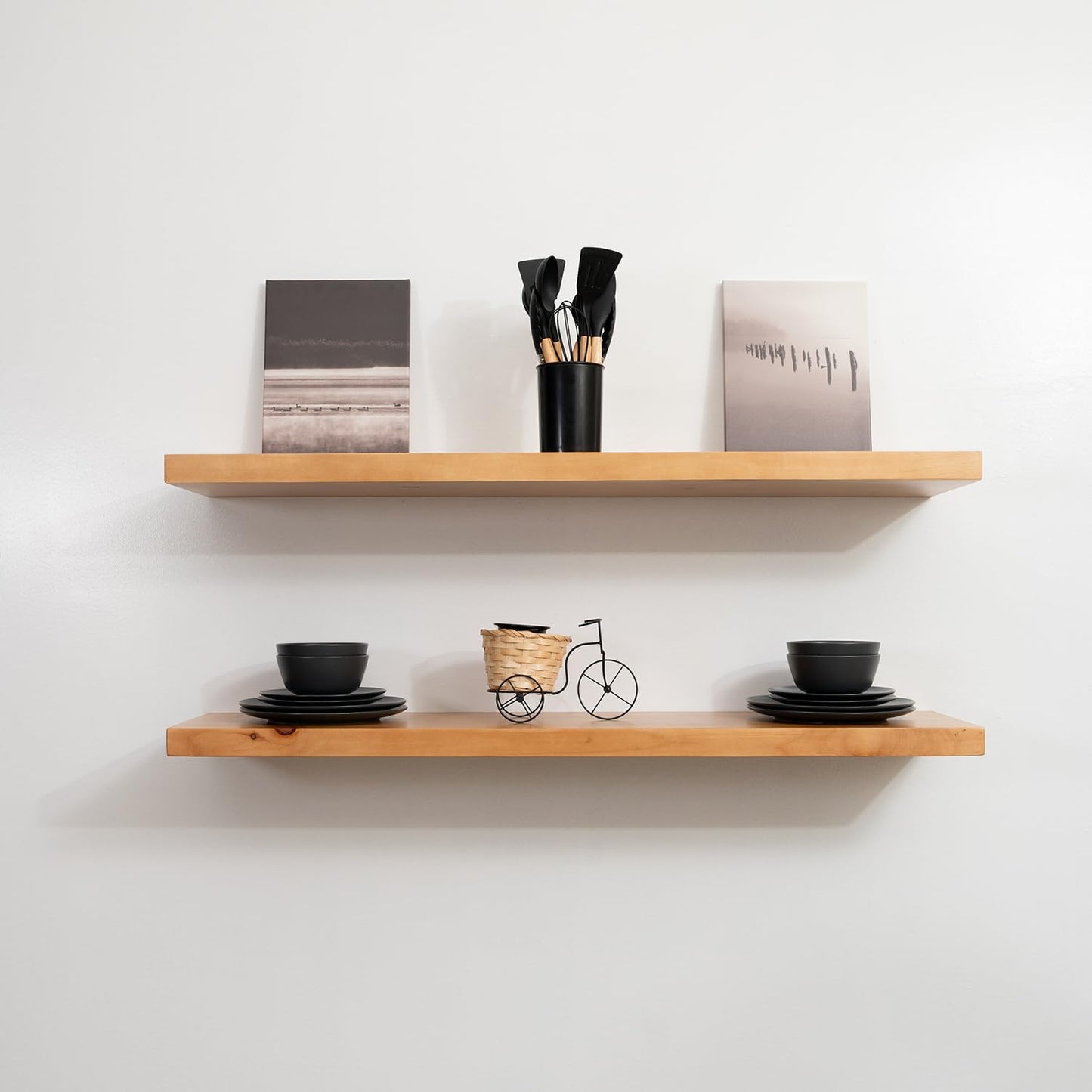 URBANDI, Rustic Floating Shelves, Set of 2, Hidden Bracket, Solid Wood, Heavy Duty, Wall Mounted Shelves, (Brown, 24Wx6D)