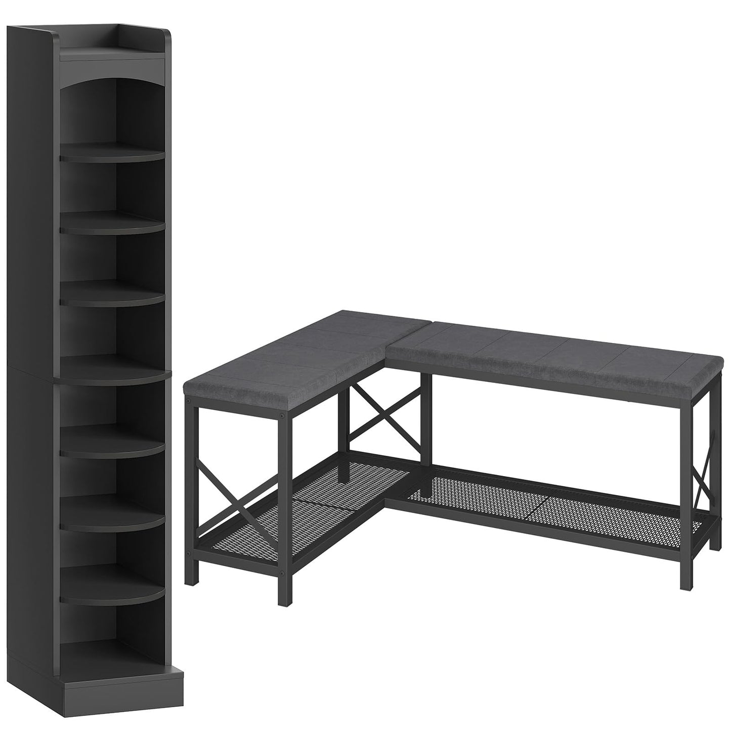 YATINEY 9-Tier Tall Shoe Rack and L-Shaped Shoe Bench with Cushion, 59.1" Entryway Shoe Storage Bench SS02BK-HX12BG