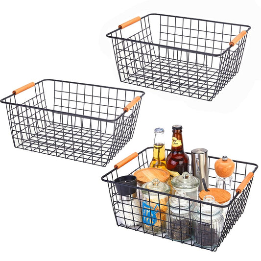 LeleCAT Large black wire baskets with Wooden Handles for storage pantry, Storage Organizer Baskets, Household Refrigerator for Cabinets, Closets, Bedrooms, kitchen - Set of 3 Black