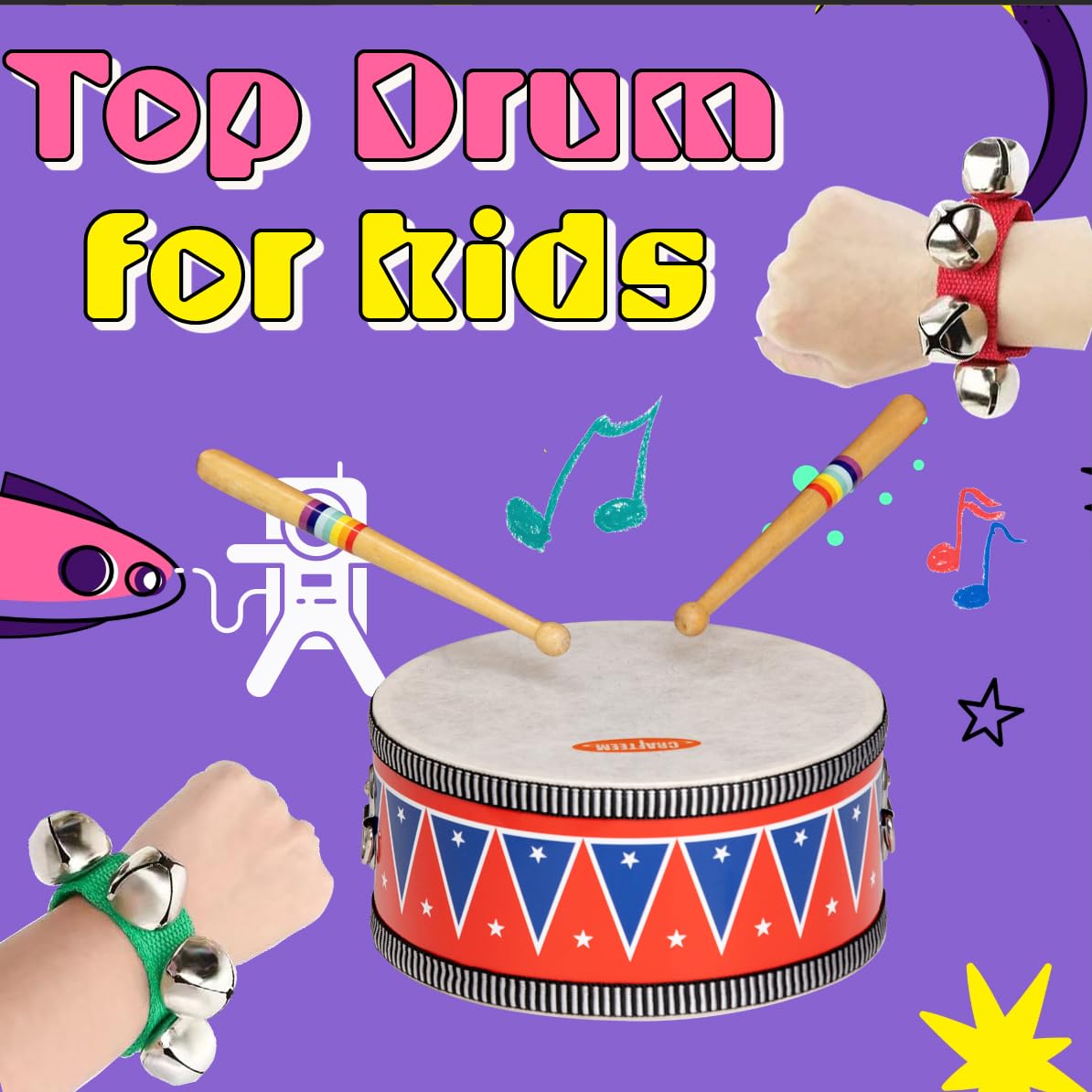 CRAFTEEM Kids Set for Toddlers - Baby Musical Toy w/Wrist Bells, Drum Sticks & Fun Drum Instrument for Boys & Girls - Educational Christmas Birthday Gift.