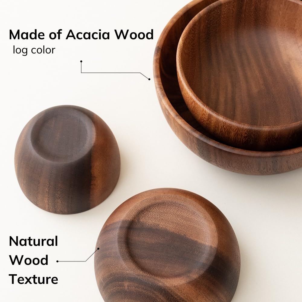 WENSHUO Acacia Wooden Serving Bowls,Serving Bowl for Fruits or Salads, Single Bowl (7.87" D × 2.95" H) 40.5 oz