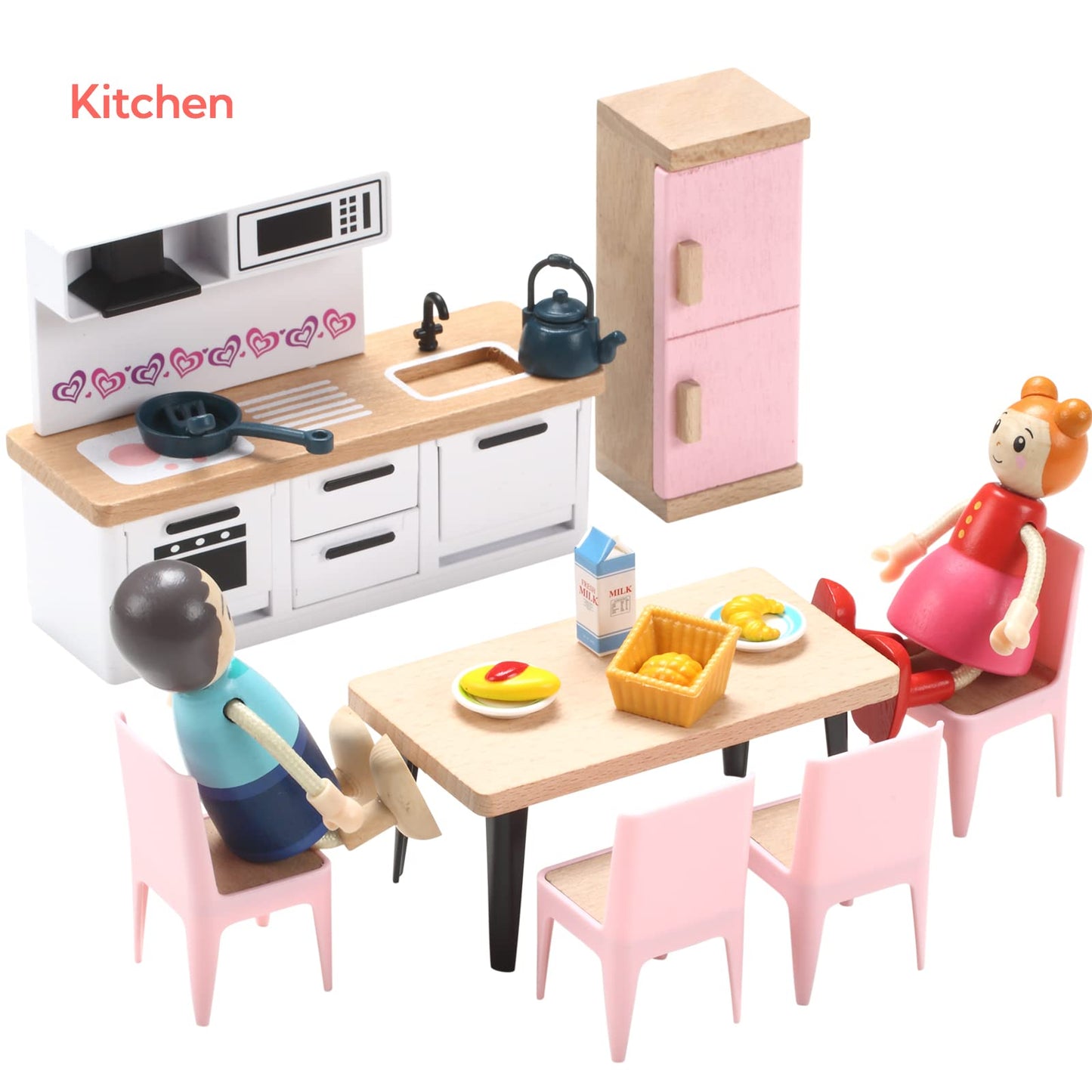 Wooden Dollhouse Furniture Set, 72pcs Furnitures with 8 Family Dolls, Dollhouse Accessories Pretend Play Furniture Toys