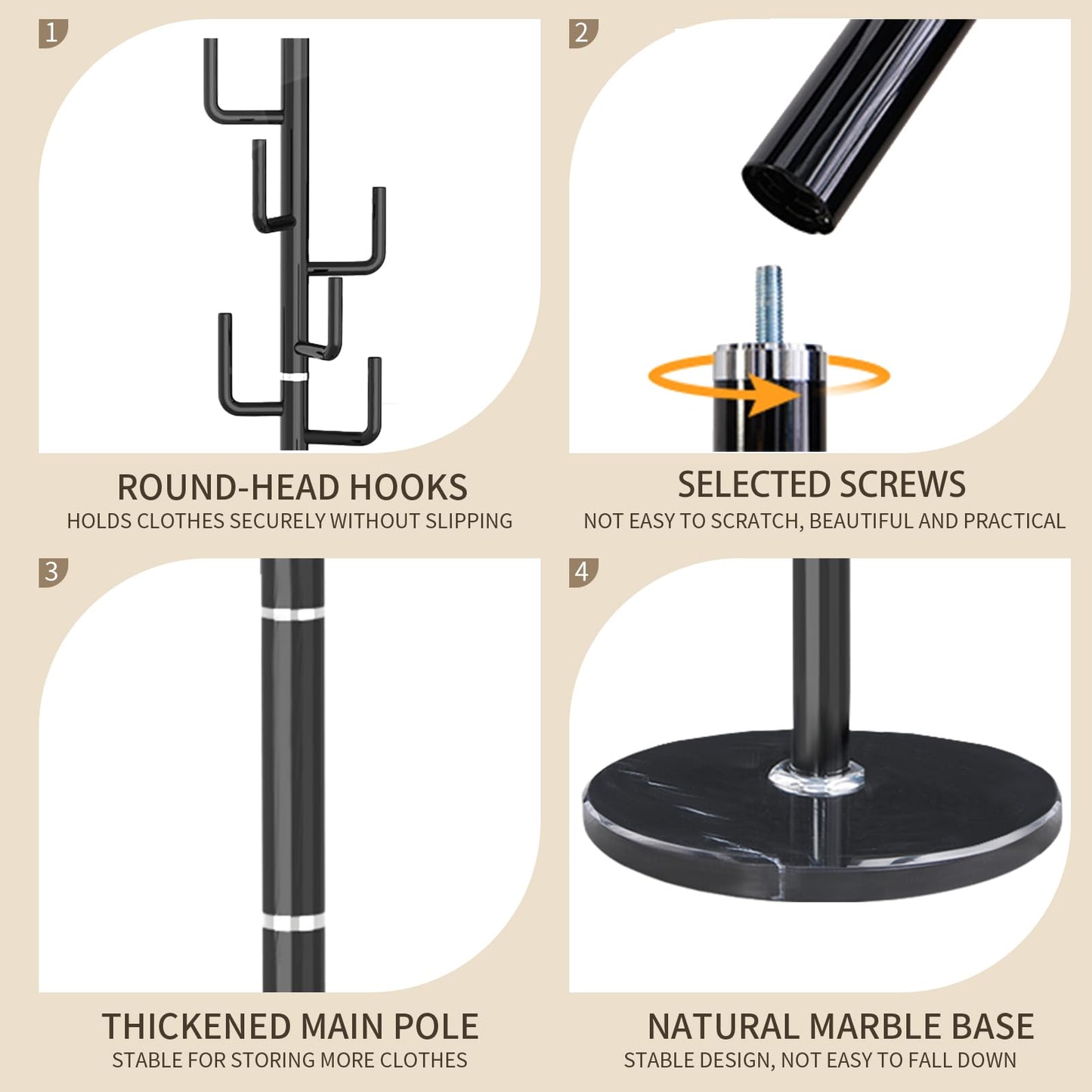 LOZABEE Modern Metal Coat Rack Stand with Natural Marble Base, Heavy Duty Coat Rack Freestanding with 8 Hooks, Black Cactus Standing Coat Racks for Bag, Jacket, Entryway Office (Black Cactus)