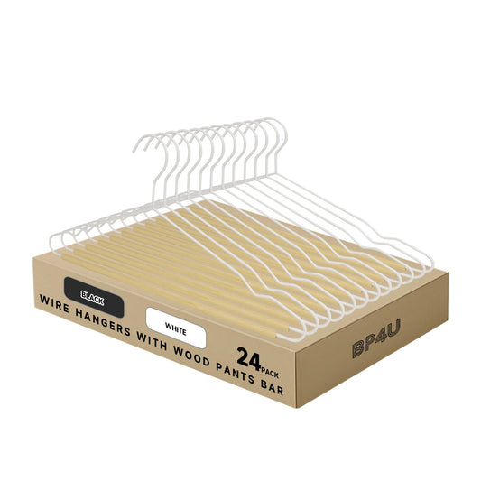 BP4U Wire Hangers with Wood Pants Bar, 24-Pack Metal Hangers with Smooth Beech Wooden Bar for Dresses, Pants, Sweaters, Jackets, and Heavy Clothes (White)
