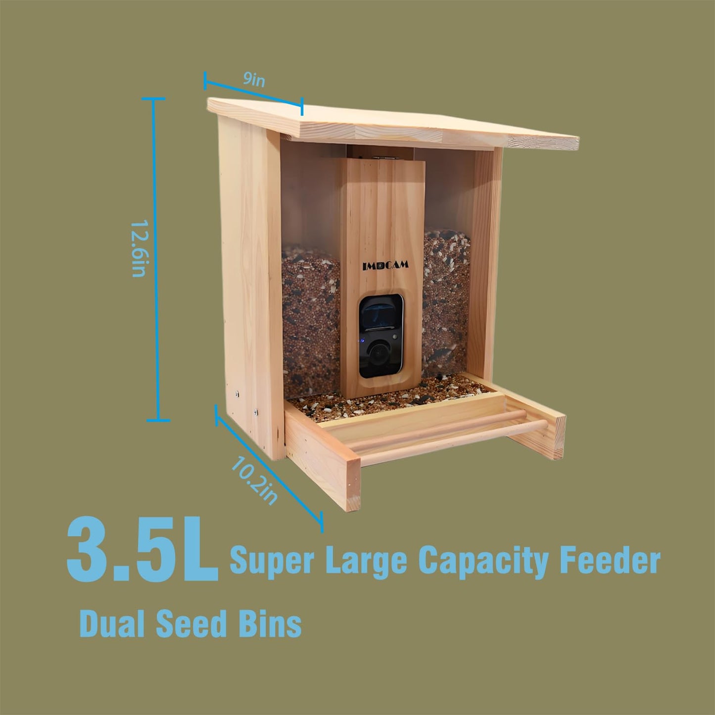 IMOCAM Smart Wooden Bird Feeder with Camera-Solar Power,Bird AI Identifier,1080p HD,5200mAh Battery,3.5L Extra Large,Twin Seed Bins