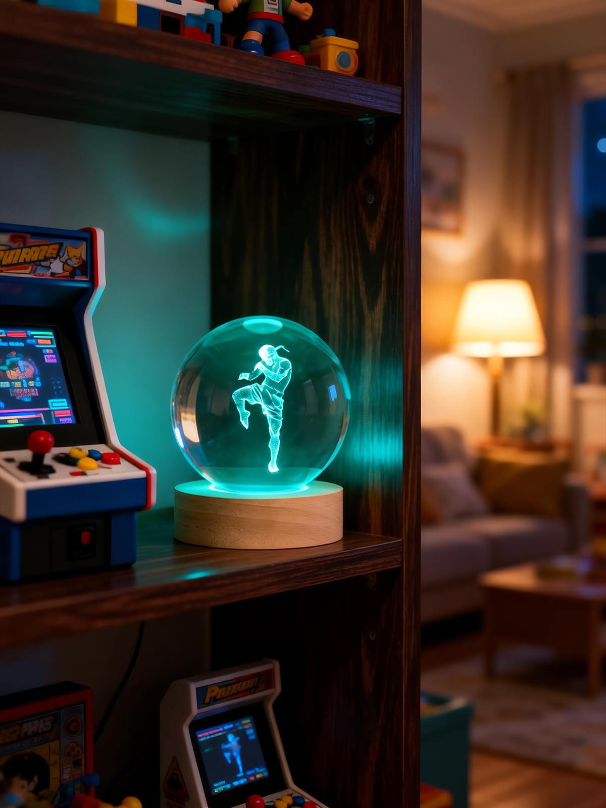 Ammonite Muay Thai Crystal Ball 3D Night Light, 16 Colors Changing with Remote Control Wooden Base, Glass Figurines Statue, Christmas Birthday Gifts for Nak Muay Kids Boys Men