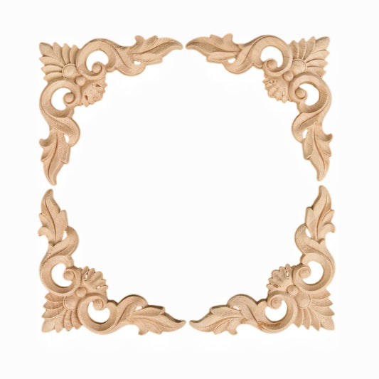 MUXSAM 4Pcs Wood Carved Appliques Onlays, Unpainted Little Wooden Corners Flower Carvings Decals for Mirrors Cabinets Walls Doors Chests Dressers Night Stand DIY Artwork Project, 15x15cm/5.9"x5.9"