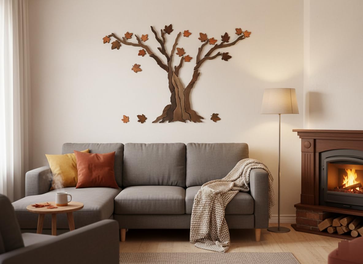 Handcrafted Wooden Maple Tree Wall Art - Large Rustic Tree Sculpture with Falling Leaves for Living Room, Above Sofa, Bedroom & Yoga Room, 59" x 39"