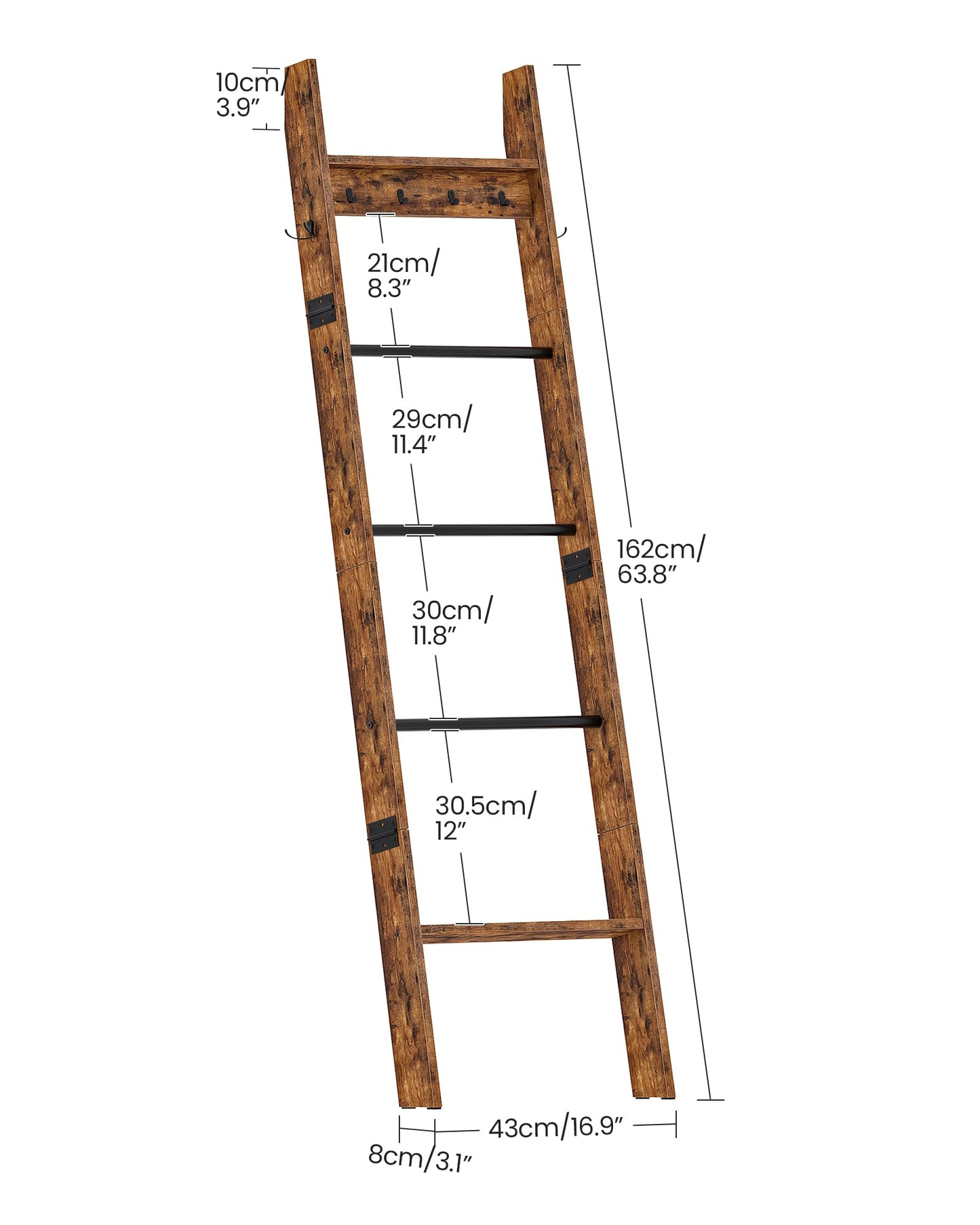 CHOEZON 5-Tier Blanket Ladder, Wooden Blanket Display Rack, Towel Ladder with Hooks, Wall Leaning Display Shelf, for Living Room, Bedroom, Balcony, Rustic Brown and Black MCJ02FG