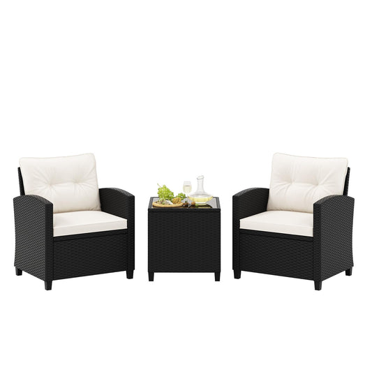 Tangkula 3 Piece Patio Furniture Set, Rattan Conversation Set w/Soft Seat & Back Cushions, Tempered Glass Topped Coffee Table, Cushioned Wicker Seating Set for Backyard, Porch, Poolside (Off White)