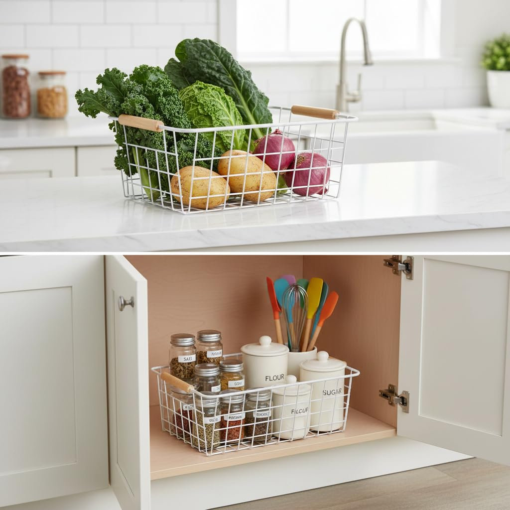 HDYOUDO White Metal Wire Food Storage Basket with Wooden Handles for Organizing Snack Basket,Pantry Organizers and Storage for Kitchen Cabinets 4 Pack (Medium)