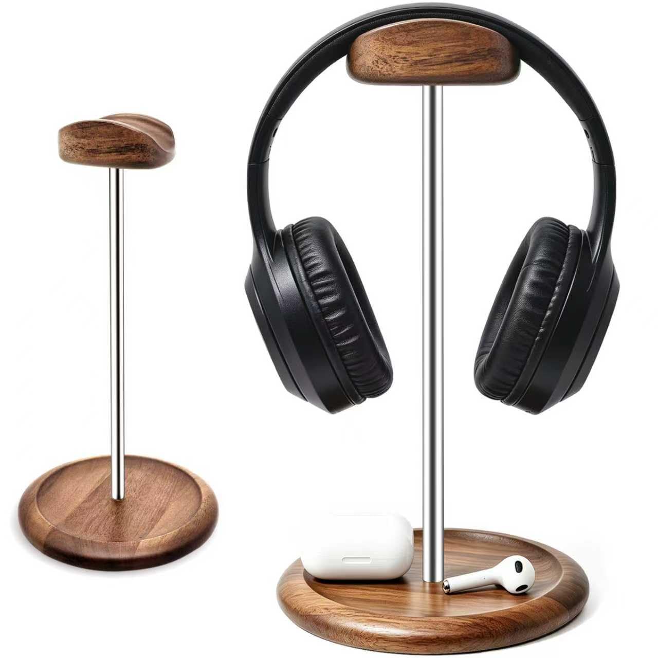 Oxmidud Headset Stand for Desk, Walnut Wood ＆ Stainless Steel Universal Wooden Headphone Holder with Storage Base, Gaming Equipment Accessories, Desk Organizer, Gifts for Gamers Men Boyfriend