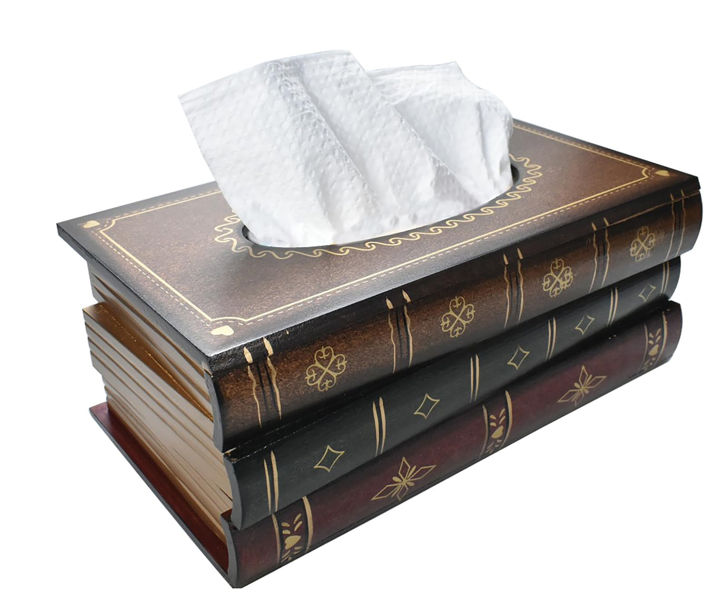 Elegant Wooden Antique Book Tissue Box Cover - Handcrafted Retro Napkin Holder Dispenser for Home Decor, Bathroom, Office, Car, Kitchen (Coffce LX)