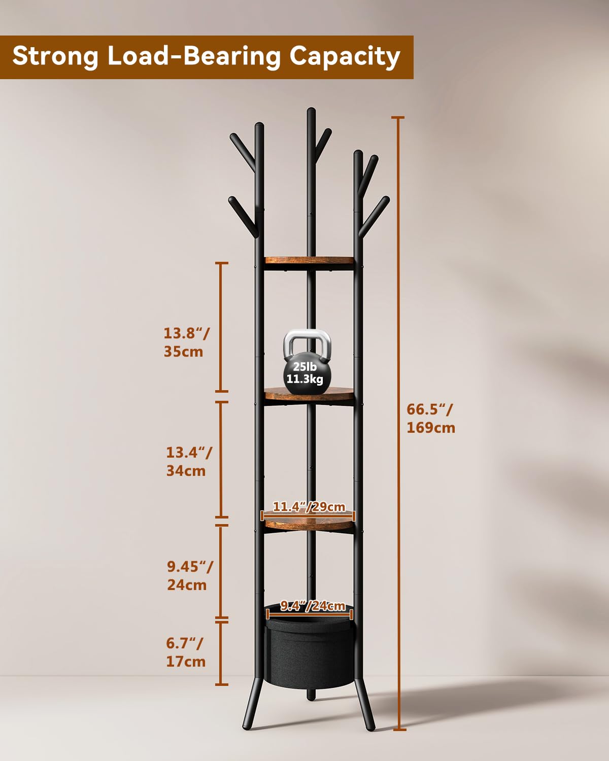 YMYNY Coat Rack, Freestanding Coat Stand with Storage Shelves, Hall Trees with 3 Wooden Shelves and 1 Fabric Basket, Metal Clothes Stand for Hats Bags Hallway Bedroom Rustic Brown UHGR005H