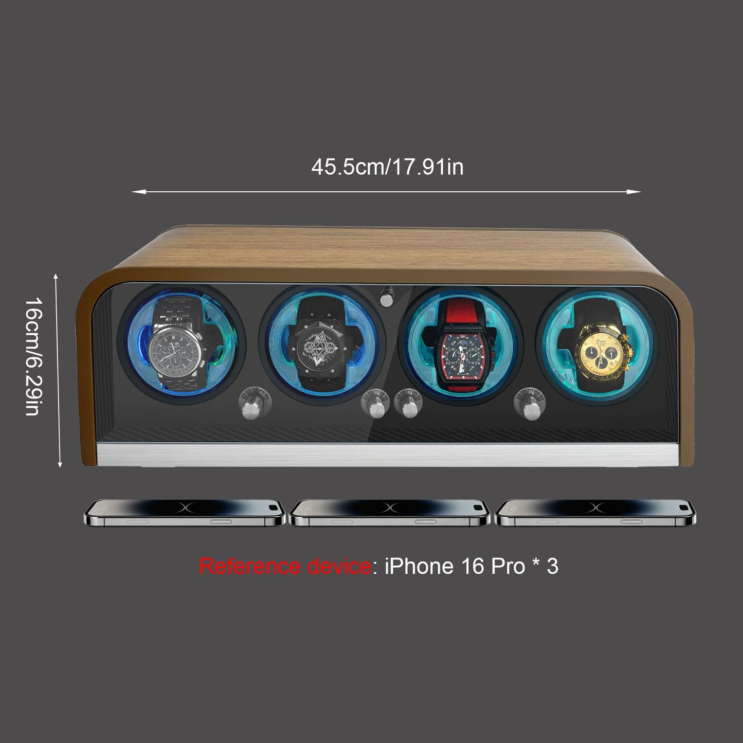 Watch Winder for Automatic Watches, Watch Winders 4 Slot for Rolex, 4 Rotation Mode Setting & Blue LED Light, Walnut Grain Design with Super Quiet Motor, Gift for Man-Brown