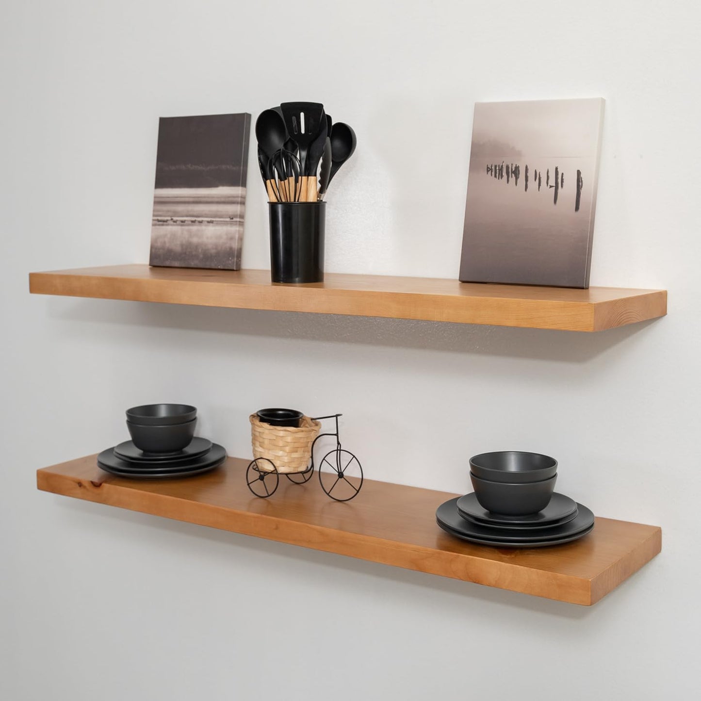 URBANDI, Rustic Floating Shelves, Set of 2, Hidden Bracket, Solid Wood, Heavy Duty, Wall Mounted Shelves, (Brown, 36Wx12D)