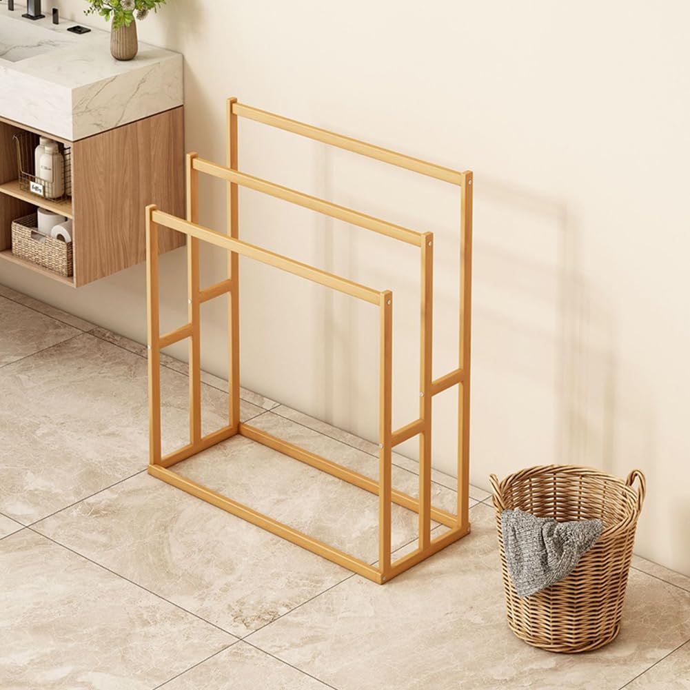 3-Tier Freestanding Towel Rack, Wooden Blanket Ladder with 3 Crossbars & Bottom Shelf, Rustic Brown Storage Stand for Bathroom Living Room Bedroom