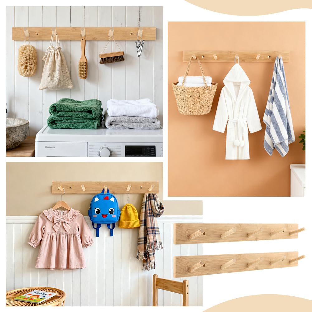Anscuto 2Pcs Wooden Wall Mounted Coat Rack, 15.35'' Coat Rack Wall Mount with 5 Hooks for Hats, Jacket, Robes, Towels(Color:Natural)