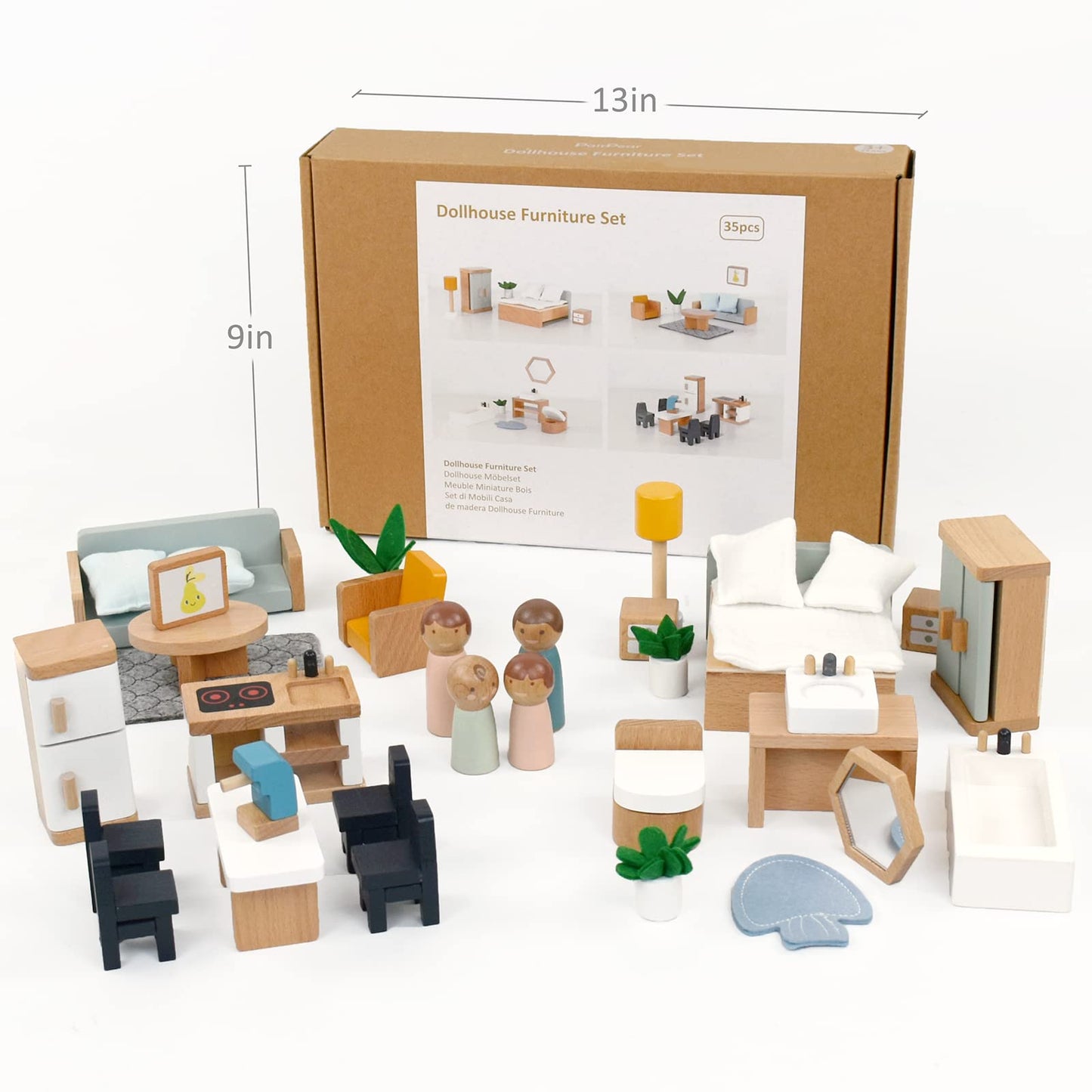 PairPear Wooden Toys Dollhouse Furniture Playset,Natural Wood Pretend Play Furnitures with Family Dolls,Dollhouse Accessories Toys Gift for Girls and Boys 3 Year and Up