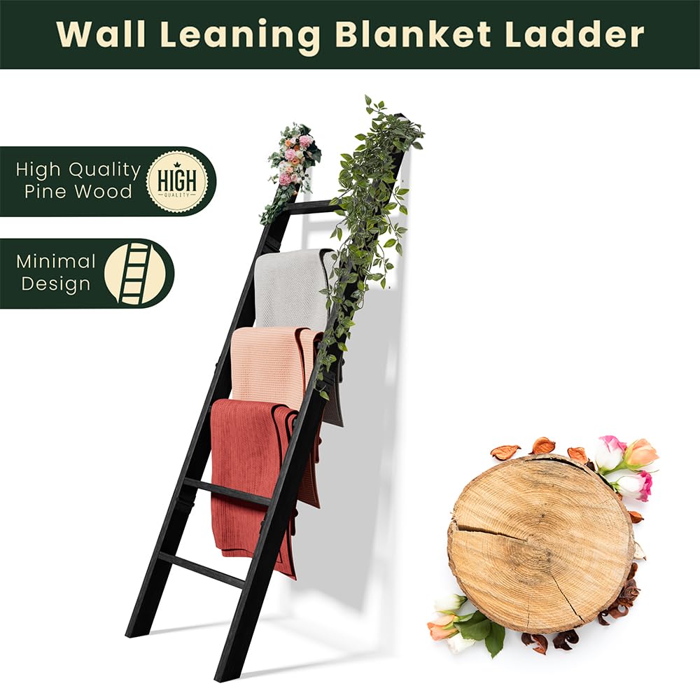 Wooden Blanket Ladder for Living Room 6-Tier, Decorative Ladder Blanket Rack & Quilt Ladder Decor with Removable Hooks, Farmhouse Wood Ladder, Easy Assembly, Anti-Slip Sturdy Blanket Holder, 68 Inch.