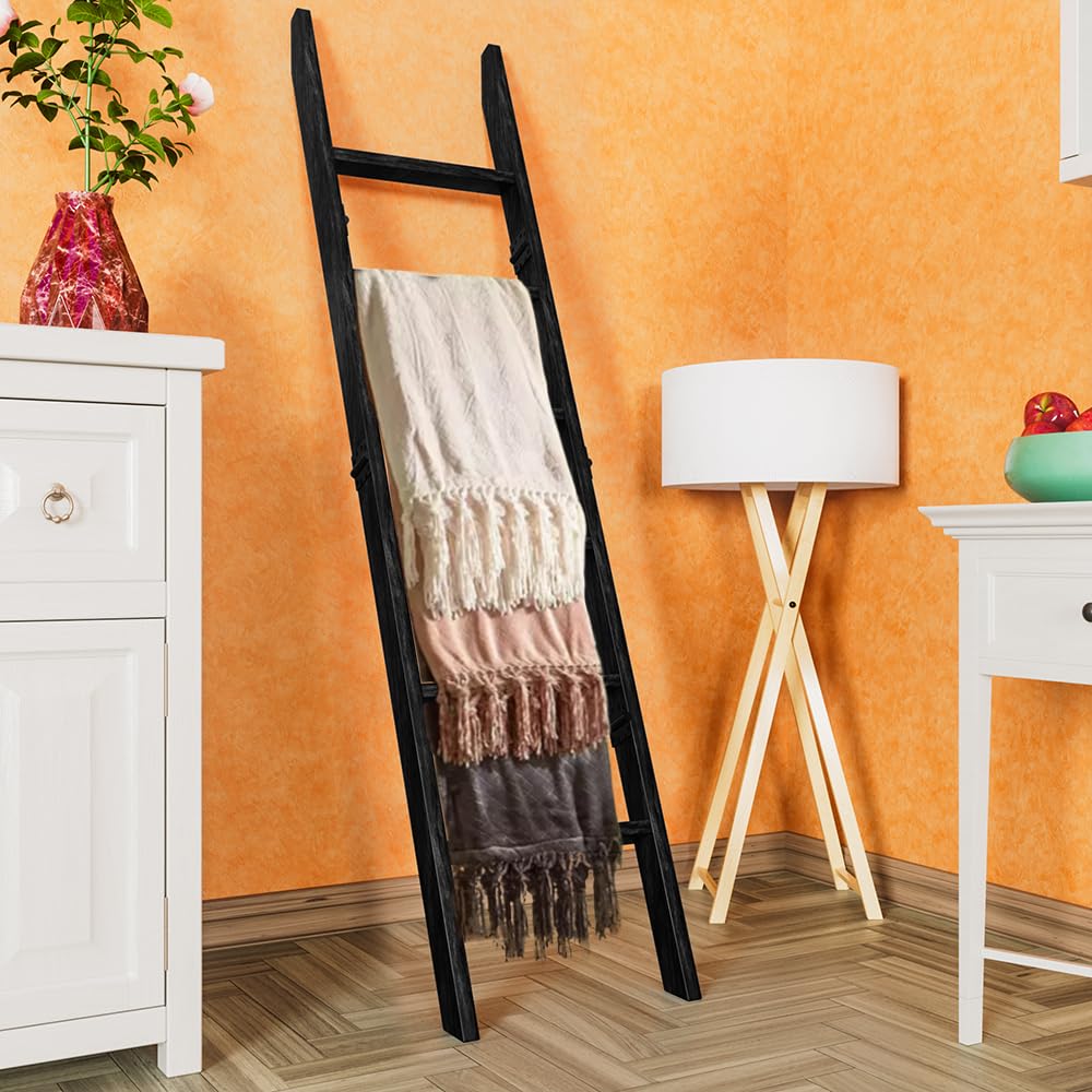 Wooden Blanket Ladder for Living Room 6-Tier, Decorative Ladder Blanket Rack & Quilt Ladder Decor with Removable Hooks, Farmhouse Wood Ladder, Easy Assembly, Anti-Slip Sturdy Blanket Holder, 68 Inch.
