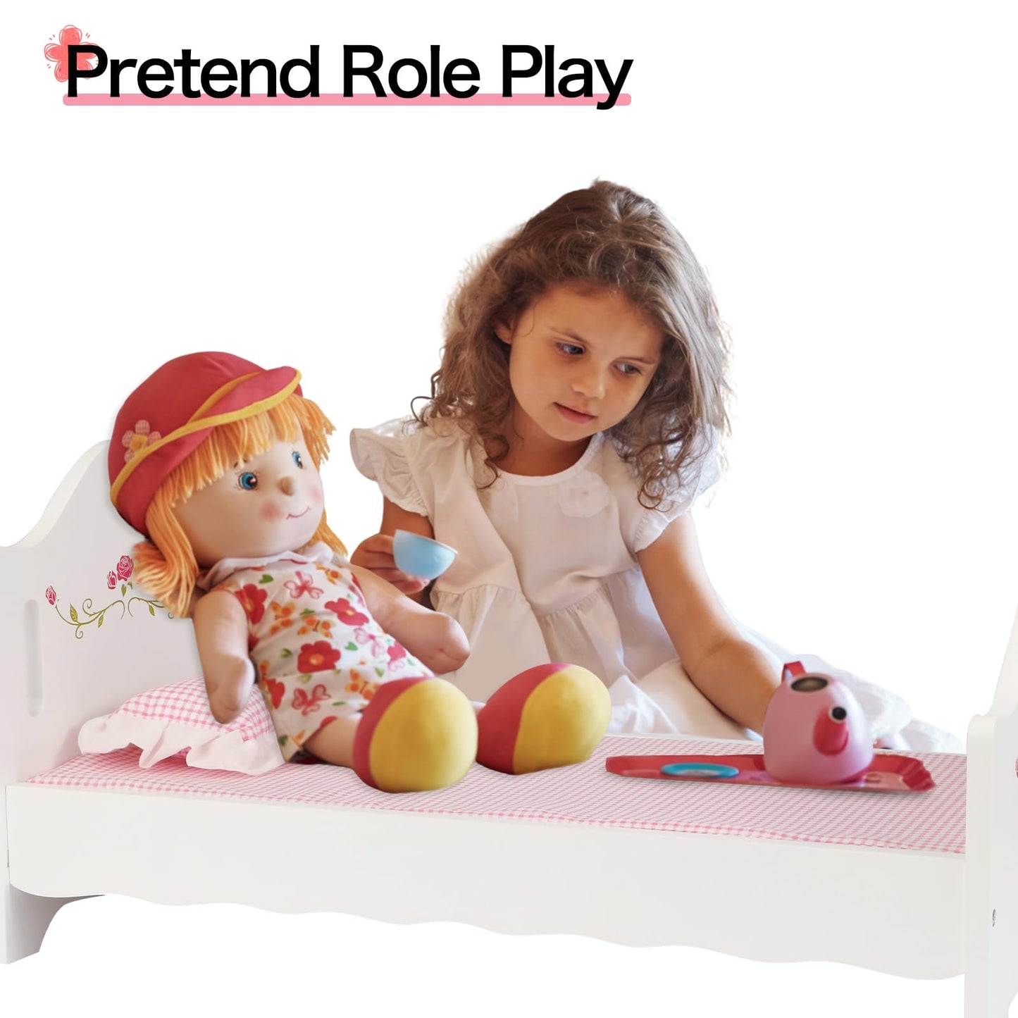 PHOKID Wooden Baby Doll Crib Set, Baby Doll Bed Toys for 18 Inch Dolls, with Bedding and Canopy, Baby Doll Furniture Accessories