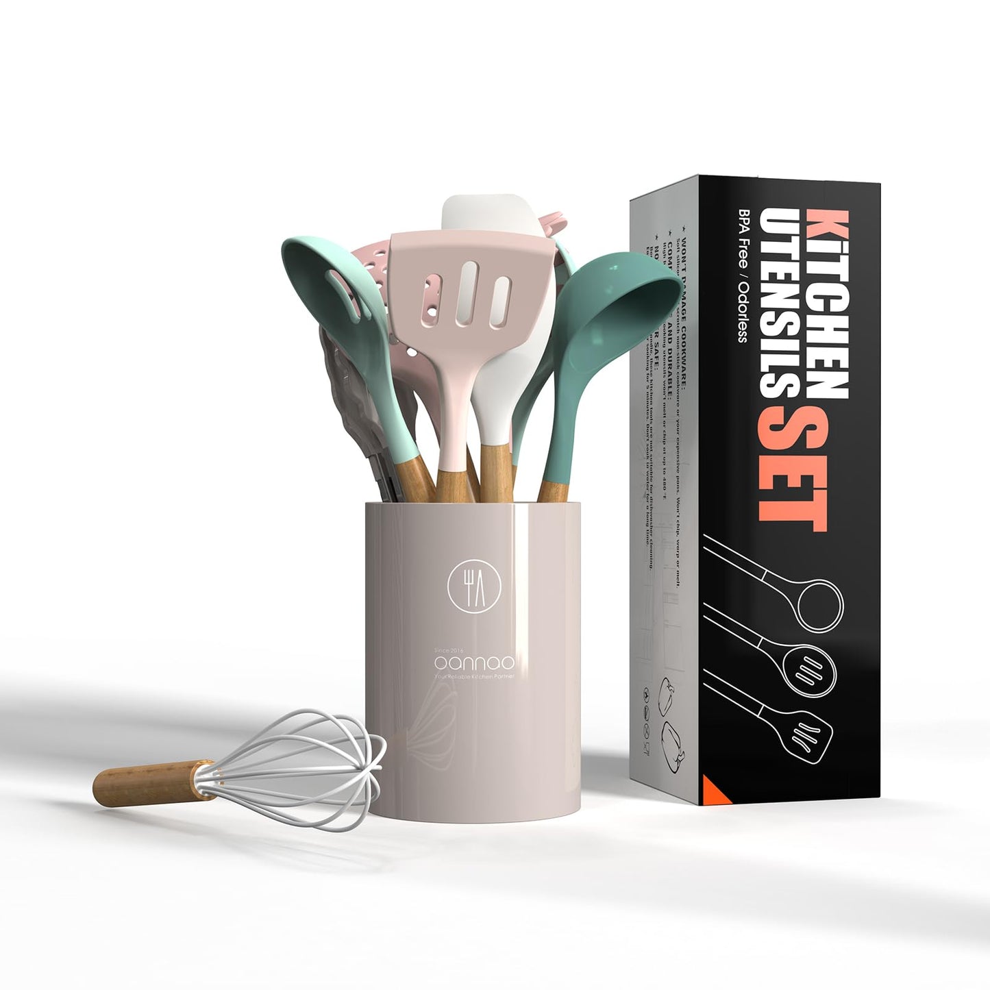oannao Silicone Cooking Utensils Set - 446°F Heat Resistant Silicone Kitchen Utensils for Cooking,Kitchen Utensil Spatula Set w Wooden Handles, BPA FREE Gadgets for Non-Stick Cookware (Colorful)