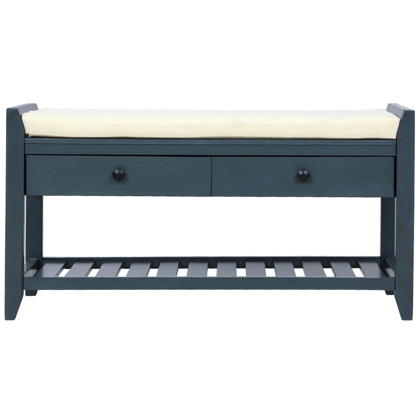SPOFLYINN Shoe Bench, Entryway Storage Benches with Cushion Seating and Storage Drawers, Multipurpose Wooden Shoe Bench with Bottom Shelf for Entryway Hallway Living Room Bedroom Antique Navy