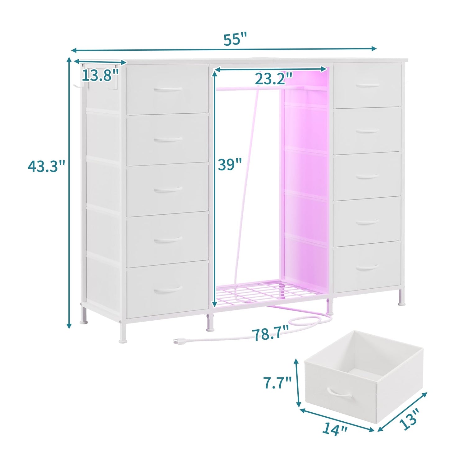 LUMTOK 55" W 2-in-1 Dresser with Hanging Rack, 10 Drawers Dresser for Bedroom, White Drawer Dressers with LED Lights, Charging Station and Hanging Racks for Bedroom