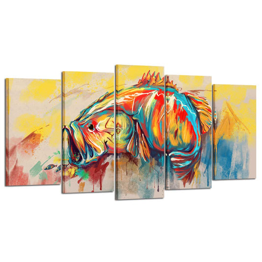 KREATIVE ARTS 5 Piece Canvas Wall Art for Living Room Large Mouth Bass Fish Paintings Giclee Artwork Modern Home Decor Wooden Framed Poster and Prints Ready to Hang (Large Size 60x32inch)