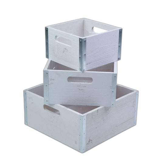 wald imports - Set of 3 Rustic Whitewash Wooden Crates for Storage - Decorative Wooden Crate Set for Home Decoration & Display - Vintage Storage for Household Goods