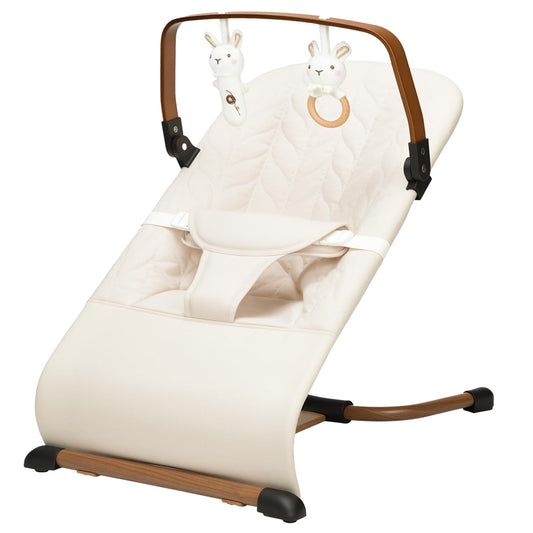 Portable Baby Bouncer, Bouncer Seat for Babies 0-12 Months, 3 Recline Positions, Foldable Baby Rocker Chair with Removable Wooden Bar, Beige