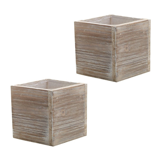 Wood Planter Box, Rustic Whitewash, 6 Inch, Wedding Decor and Floral Arrangements, Country House Charm, Plastic Liners, Wooden Square, Natural Style, (Beige) (Set of 2)