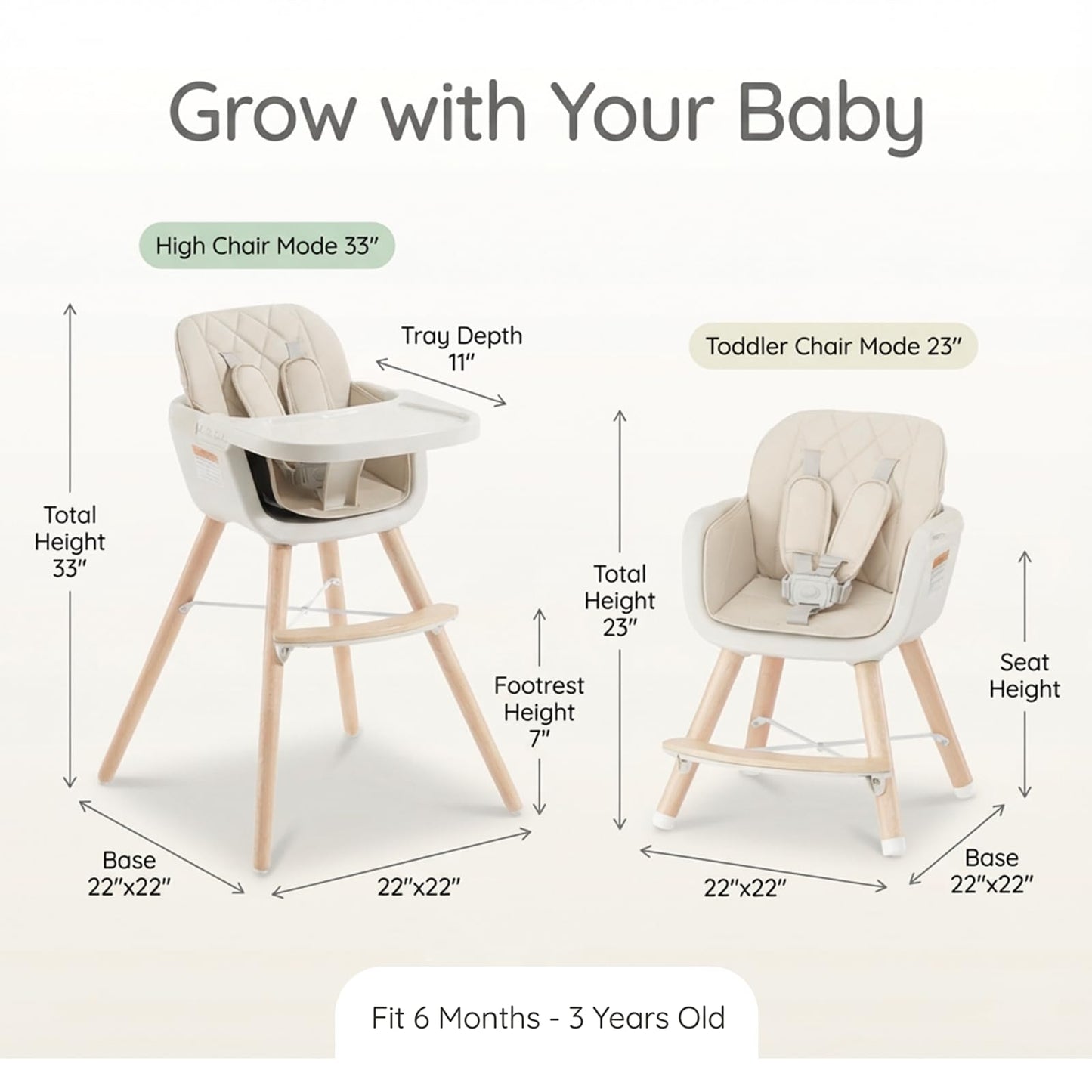 Mallify 3-in-1 Wooden High Chair, Convertible High Chairs for Babies and Toddlers, Baby Highchair with Adjustable Legs & Dishwasher-Safe Tray, Sleek Hardwood & Premium PU Cushion, Beige