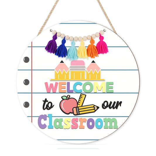 HLNIUC Welcome Wooden Sign(11”x11”) Welcome to Our Classroom Hanging Plaque, Boho Front Door Signs, Pencil Ruler Apple Wall Decor, Colorful Classroom Door Hanger with Beads Tassels for School Nursery