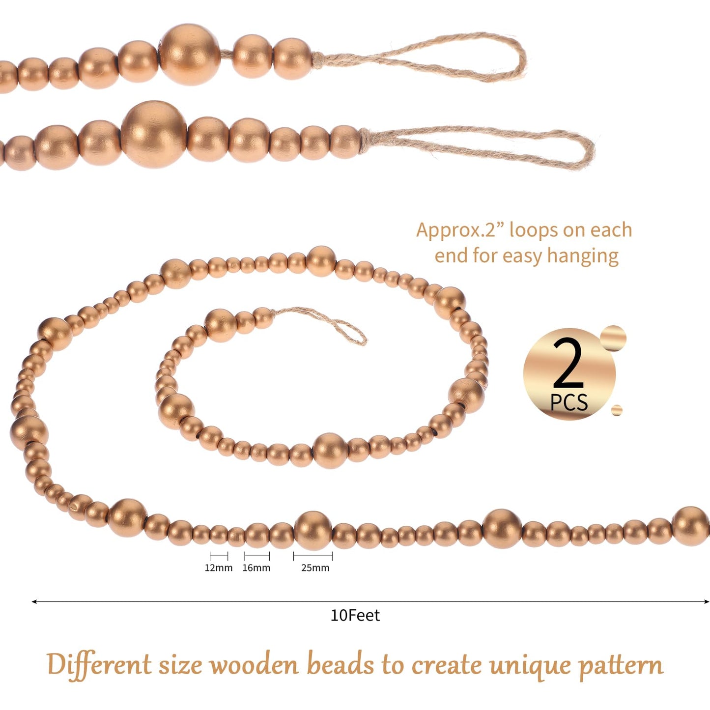 Boao 20 Feet Christmas Wooden Beads Garland Gold Christmas Tree Garland Wall Hanging Prayer Beads for Holiday Home Rustic Farmhouse Natural Boho Decor