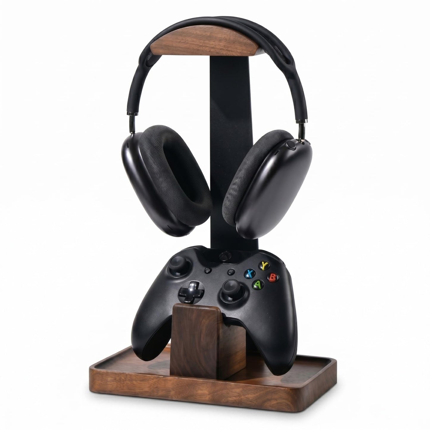 Damuzhi Headphone Stand with Gaming Controller Holder, Walnut Wood Headphone Stand with Gifts for Gamers, Gaming Accessories for Desk