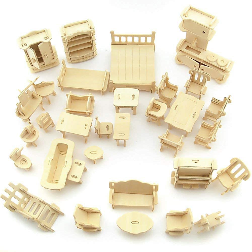 CUTEROOM 3D Wooden Puzzle House, DIY Dollhouse Miniature Kit - Wooden Model Kit (Separate House) with Furnitures -Adult Interactive Puzzle Set