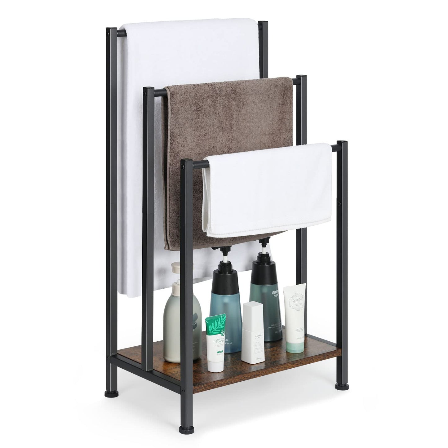 Freestanding Towel Rack, 3 Tier Blanket Ladder Holder with Rustic Brown Wooden Shelf, Industrial Display & Drying Stand Storage Rack with Non-Slip Feet for Living room, Bathroom, 17.1"L*11"W*32.3"H