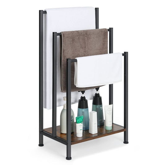 Freestanding Towel Rack, 3 Tier Blanket Ladder Holder with Rustic Brown Wooden Shelf, Industrial Display & Drying Stand Storage Rack with Non-Slip Feet for Living room, Bathroom, 17.1"L*11"W*32.3"H
