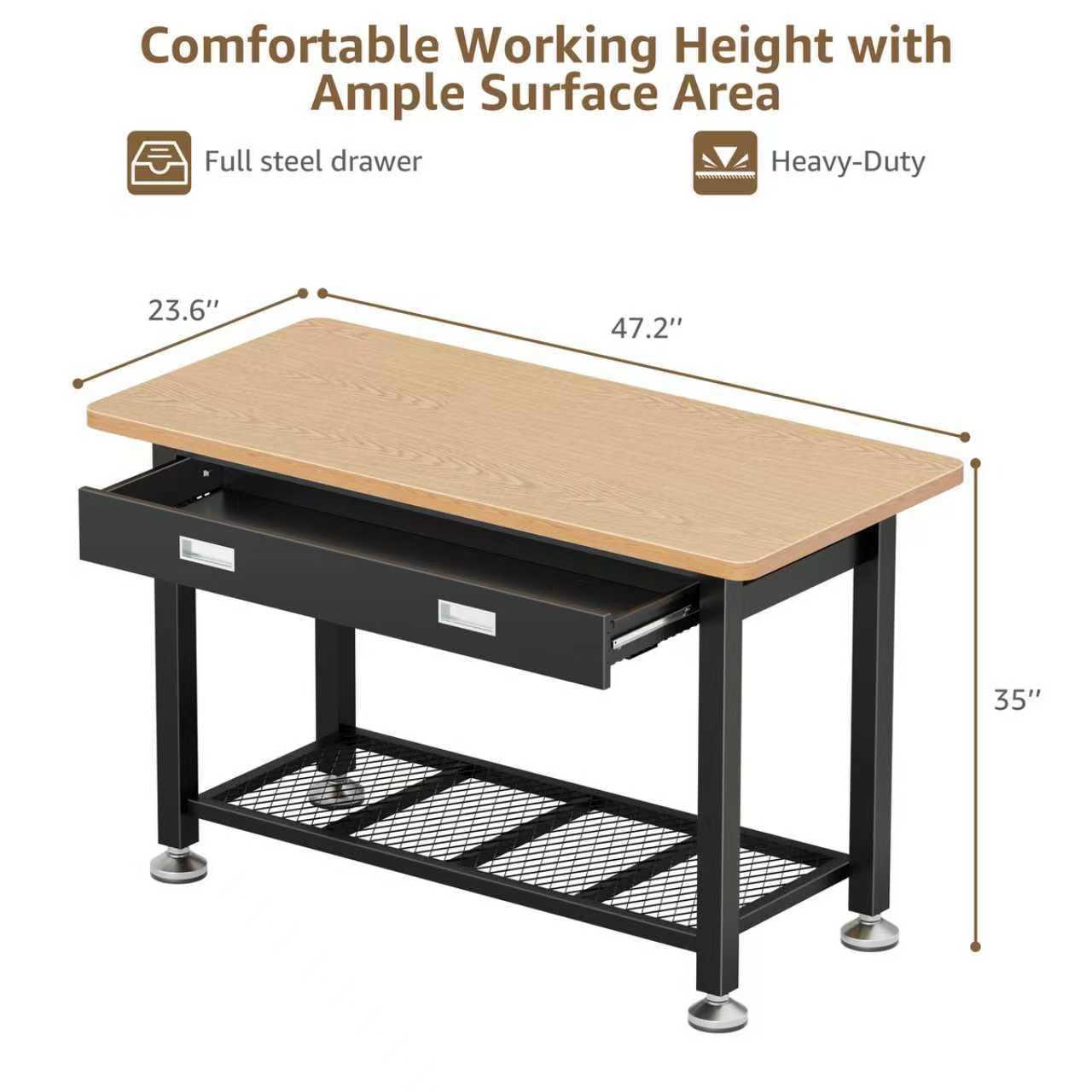 47.2" Heavy Duty Work Bench with Drawer and Storage for Garage, Small Wood Top and Metal Work Table for Crafts, 3D Printer Reloading Bench