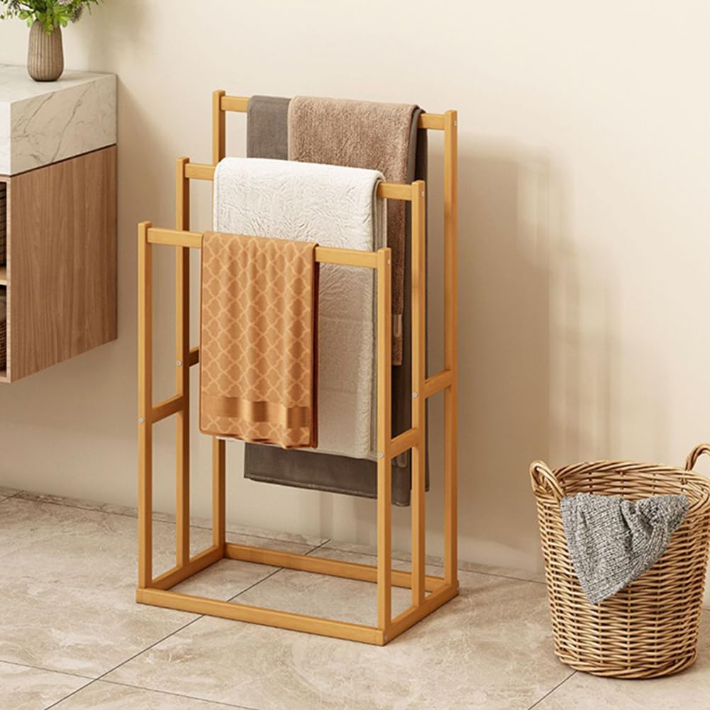 ETOYA Freestanding Wooden Towel Rack with 3 Crossbars, 3-Tier Decorative Blanket Ladder Display Stand, Drying Storage Organizer, Towel Holder for Bathroom, Living Room, Bedroom, Pool & Laundry Area