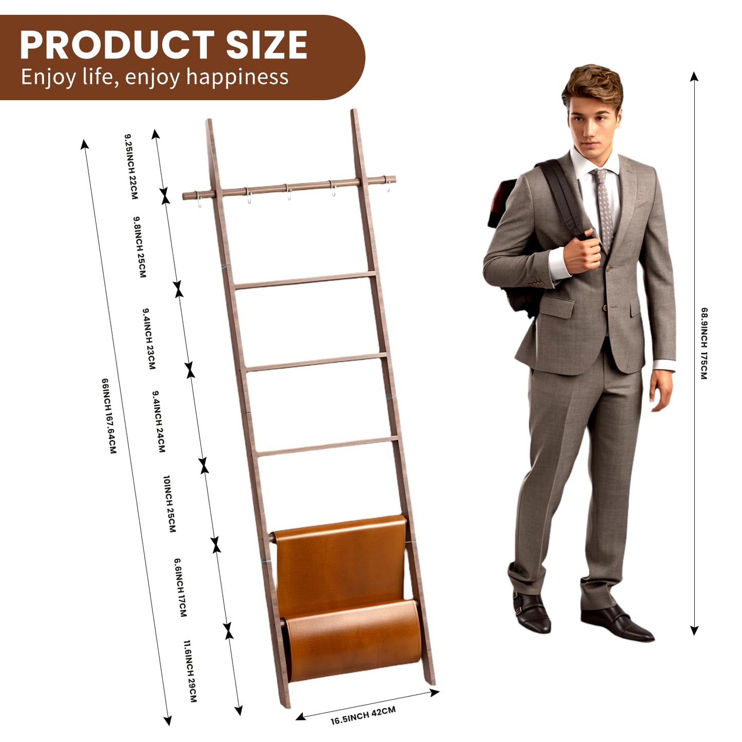 chilinii Wooden Blanket Ladder 6-Tier Farmhouse Rustic Blanket Holder with Synthetic Leather Bag, Decorative Stand with Removable Hooks Quilt Towel Rack for Home Living Room Bedroom Decor Brown