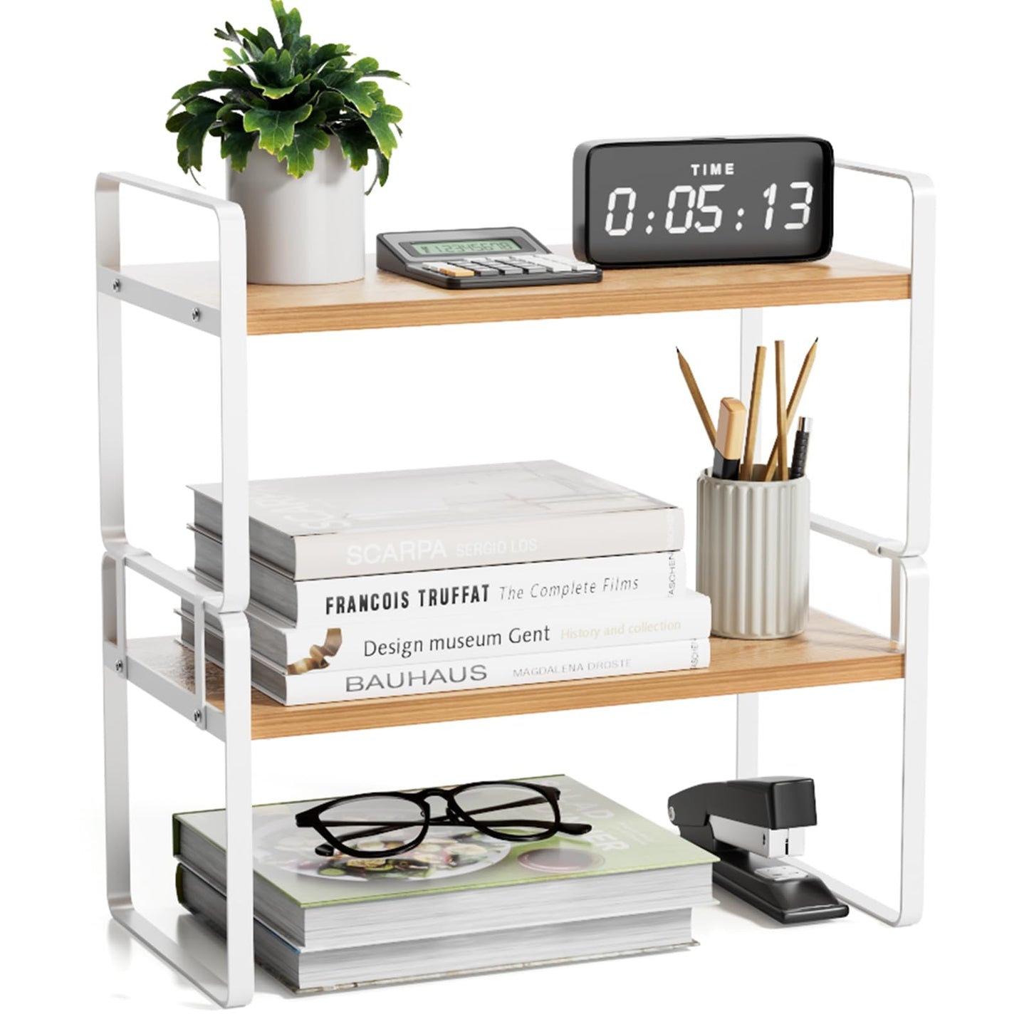 YGYQZ Desk Shelf Organizer for Top of Desk, Detachable 2 Tier Desktop Bookshelf, Wooden Desk Shelves Storage Rack, Small Desktop Shelf for Office Home Dorm, Tabletop Desk Organizer Stand (White Wood)
