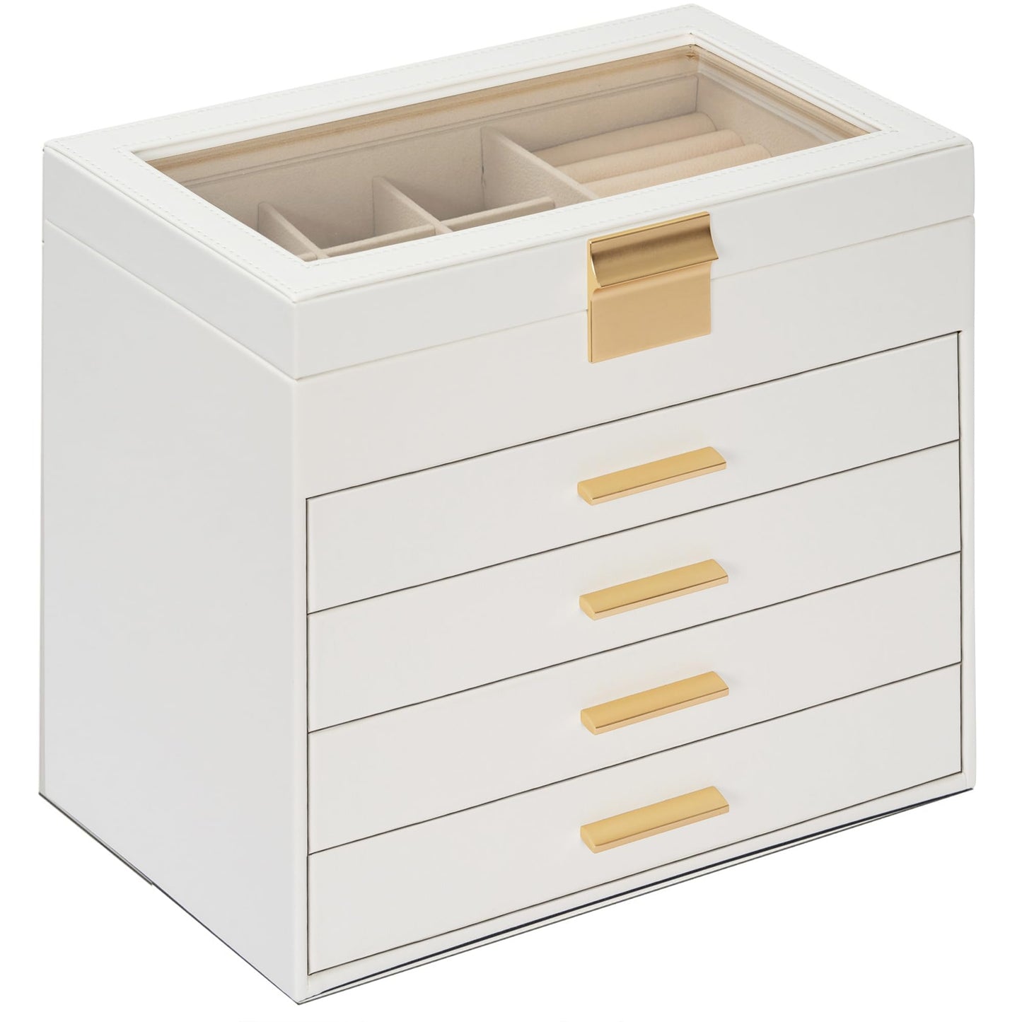 AKOZLIN 5-Tier Jewelry Box with Clear Glass Lid Functional Leather Jewelry Storage Organizer Case 4 Drawers for Women Girls Necklace Ring Bracelet Earring
