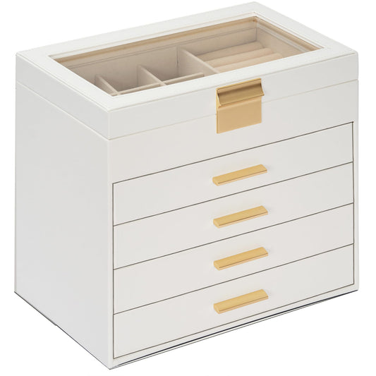 AKOZLIN 5-Tier Jewelry Box with Clear Glass Lid Functional Leather Jewelry Storage Organizer Case 4 Drawers for Women Girls Necklace Ring Bracelet Earring