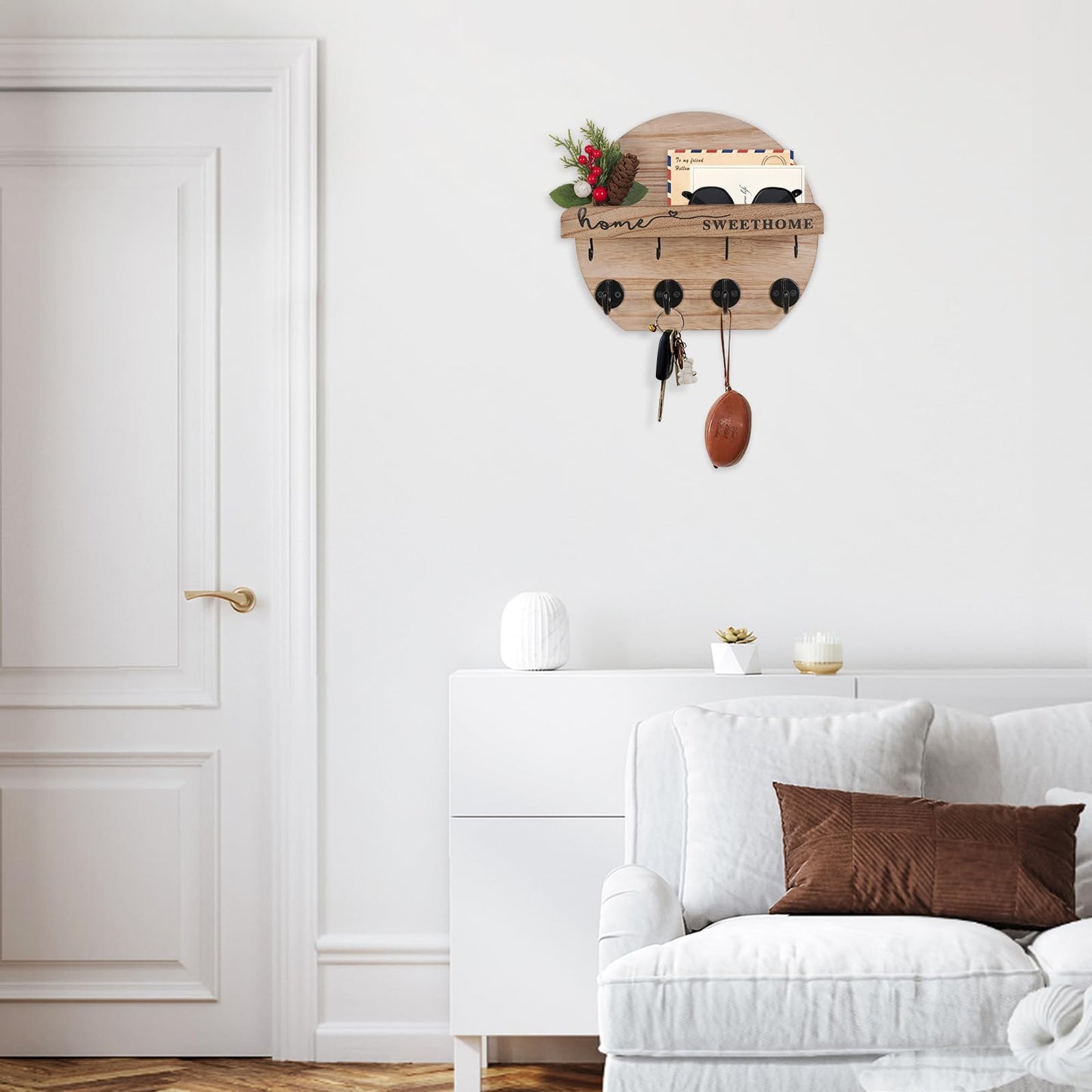 LEIRUOTM Key Holder for Wall, Key and Mail Holder Organizer - Key Holder Wall Mount with Bouquet Shelf and Key Hooks, Round Wooden Rustic Key Rack for Entryway and Home Decor (Wood)