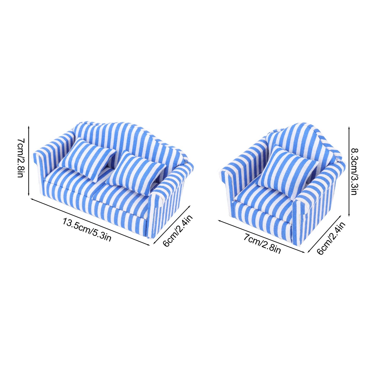 Miniature Dollhouse Sofa Set,3Pcs Pine Cloth Light Color Strip Blue 1:12 Scale Dollhouse Furniture for Collectors and Miniature Enthusiasts