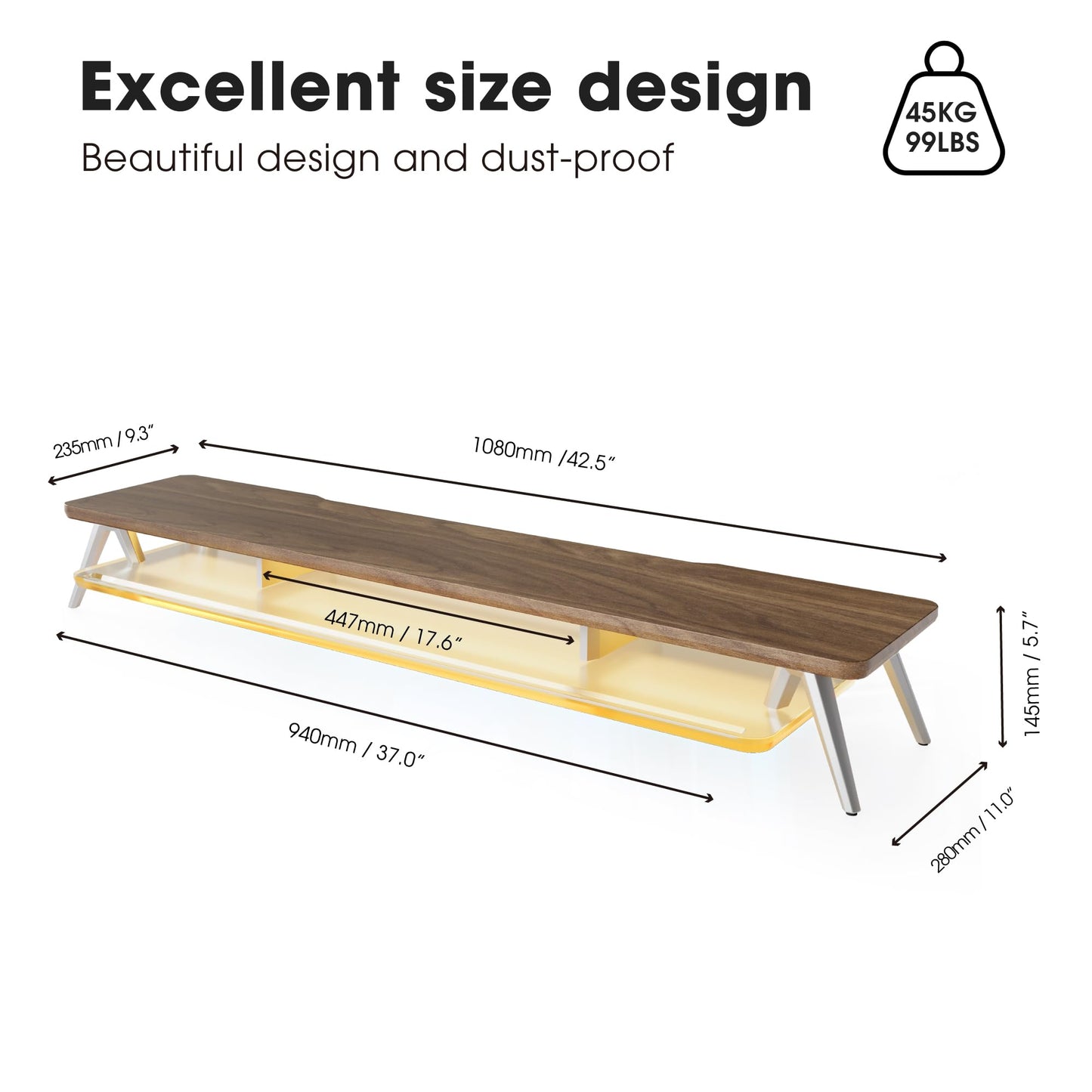 Fenge Dual Monitor Stand with 8-Mode LED Lights, 5.7" H Computer Monitor Riser with Acrylic Shelf & Aluminum Legs, Stable Desk Shelf Organizer for Computer Laptop Home Office & Gaming, Brown